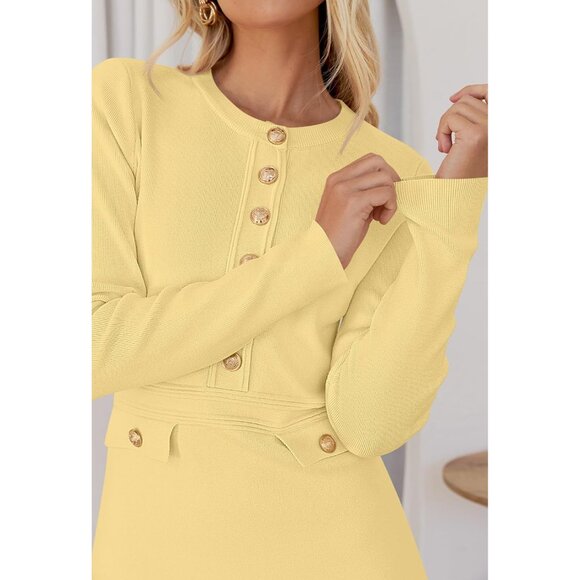 Fall 25 Long Sleeve Bodycon Light Yellow Sweater Dress Women Winter Formal Mini - Picture 5 of 6